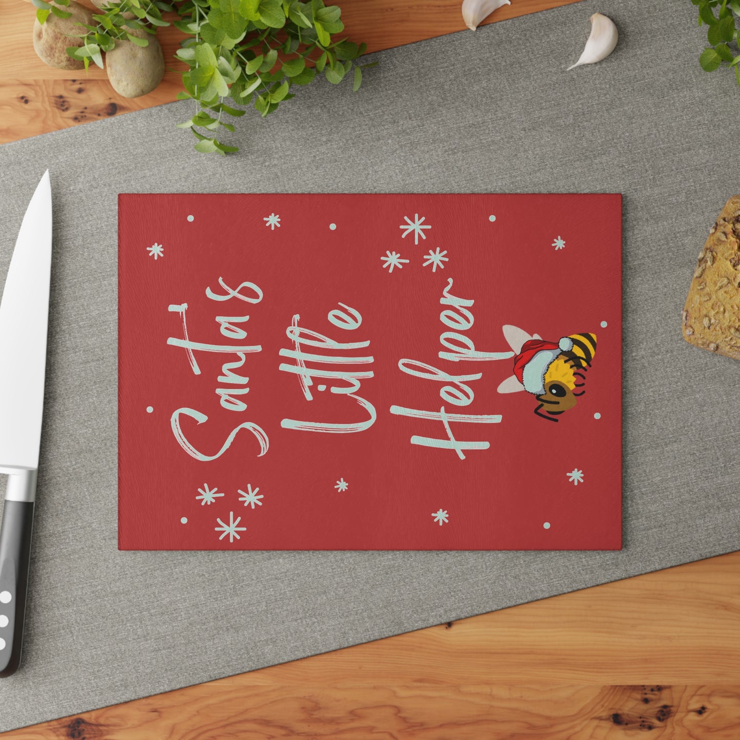 Santa's Little Helper Bee Glass Cutting Board