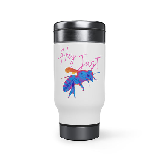 Hey Just Bee (Neon)-Stainless Steel Travel Mug with Handle, 14oz