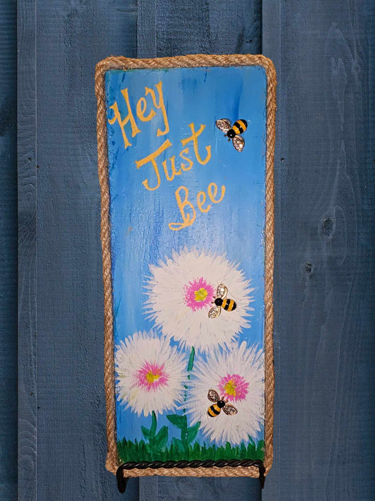 Hey Just Bee Repurposed Art-White on blue